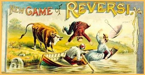 La boîte originale (USA) : une photo de la boîte de jeu New Game of Reversi, édité chez Mcloughlin Brothers en 1888. Notez la scène pittoresque sur le thème du retournement de situation.
